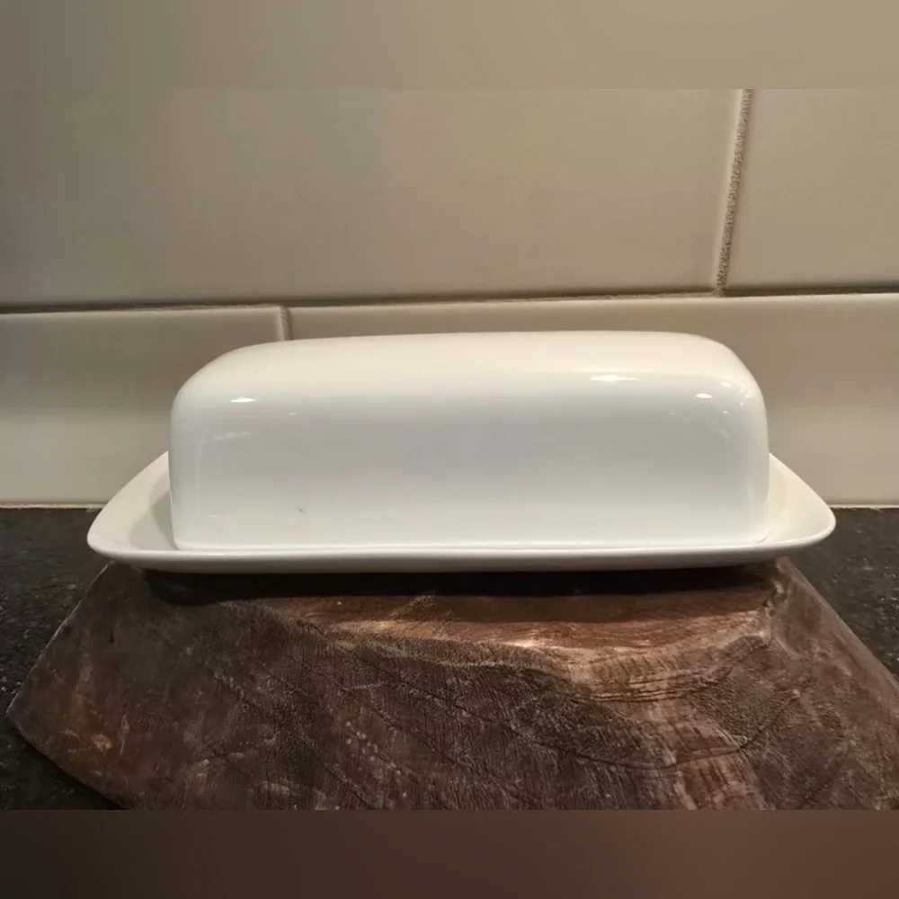 Crate & Barrel white covered butter dish